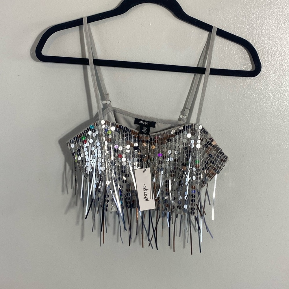 Nasty Gal Tassel silver Sequin Crop Top  size 4